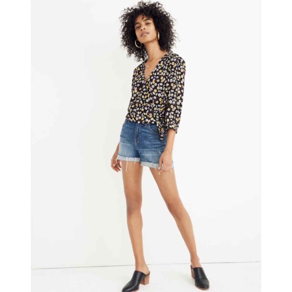 Madewell French Floral Wrap Top — True Black Daisy Print, Side Tie Blouse Small